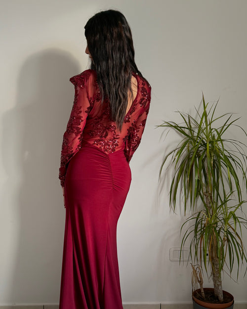 Abito Bordeaux Con Ricami paillettes